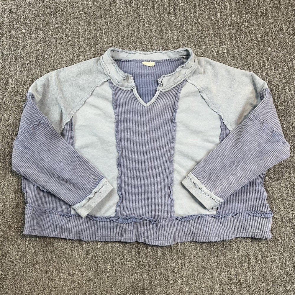 POL Boho Grunge Waffle Knit Thermal Top Large Blue Cotton Raw Edge Oversized